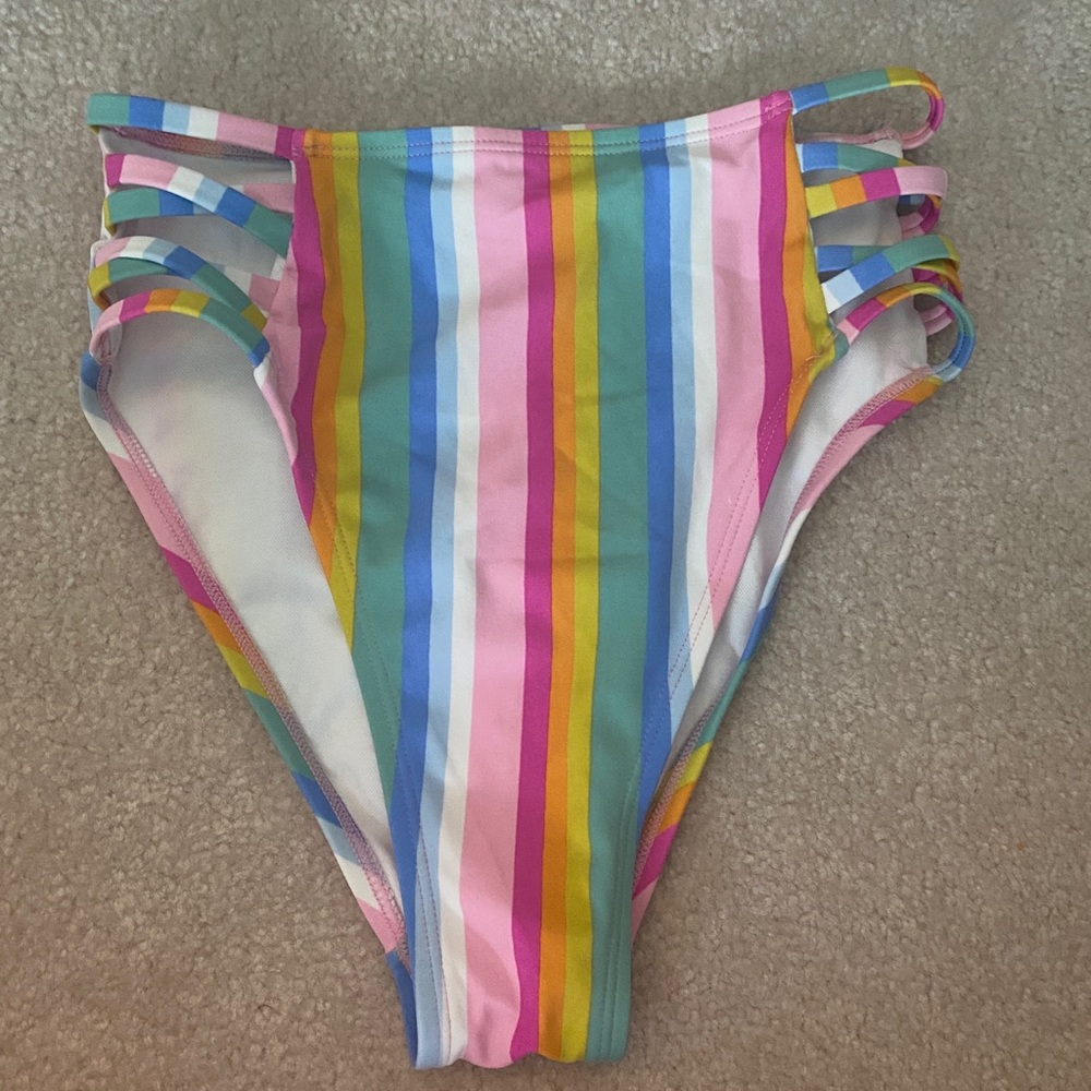 High waisted rainbow striped bikini bottoms
